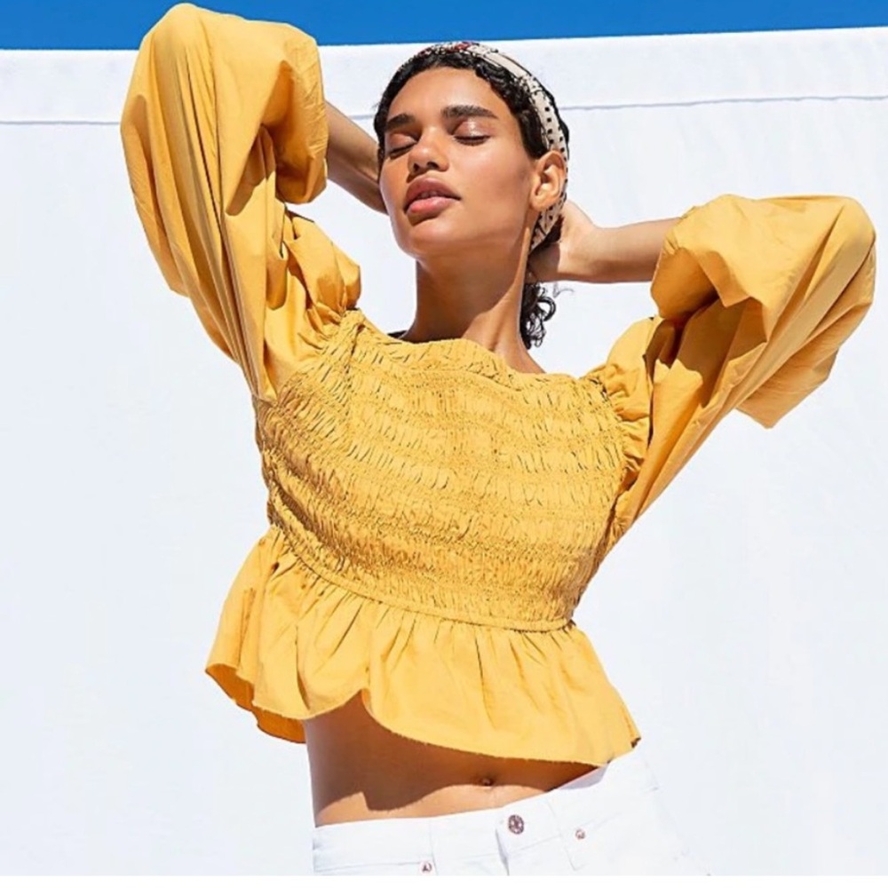 Free People “Whoa” Crop Top Mustard Gold | Puff Sleeve | Small